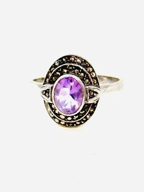 Vintage Sterling Silver Natural Oval Amethyst & Marcasite Ring Size 8.5